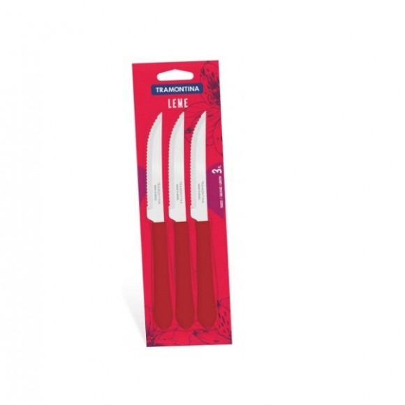 FACA DE CHURRASCO INOX LINHA LEME CABO VERMELHO - 3 UNIDADES