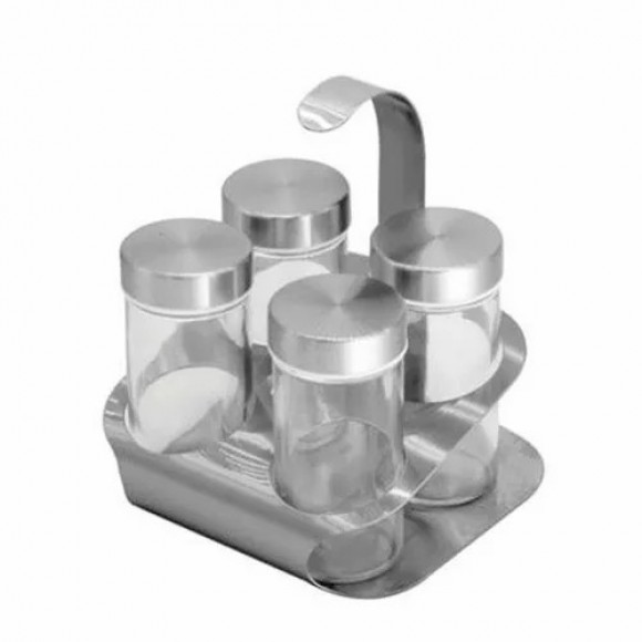 KIT PORTA CONDIMENTO 04 RECIPIENTES VIDRO/INOX