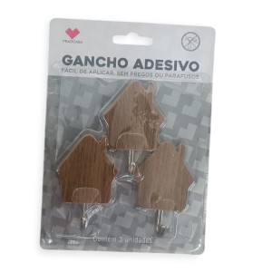 GANCHO ADESIVO CASINHA 3PC TIPO MADEIRA