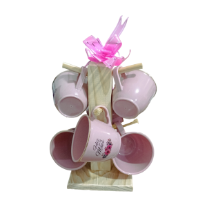 JOGO 6 XÍCARAS PLAST + SUPORTE MADEIRA DIA DAS MÃES