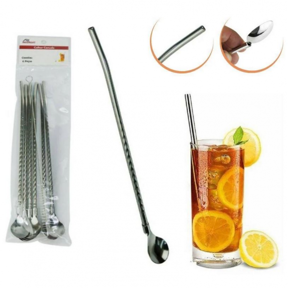 KIT COLHER CANUDO INOX 6 PEÇAS